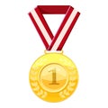 Gold first place medal on a red ribbon icon