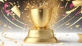 Gold first place winners trophy with falling confetti and streamers Royalty Free Stock Photo