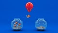 Gold fish flying away from a fishbowl with the help of a balloon.