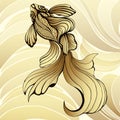 Gold fish, graphic. Decorative abstract fish, with golden scales, curled fins on a yellow background and gold waves. Jewel ornamen Royalty Free Stock Photo