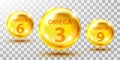 Gold fish oil pills isolated on transparent. Omega 3, 6 and 9 gel capsule