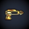 Gold Fishing harpoon icon isolated on black background. Fishery manufacturers for catching fish under water. Diving