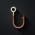 Gold Fishing hook icon isolated on black background. Fishing tackle. Long shadow style. Vector
