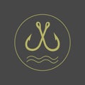 Gold fishing hook vector sticker. Emblem for your fishing boat. Logo for fish buisness. Black background.