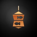 Gold Fishing net with fish icon isolated on black background. Vector Royalty Free Stock Photo