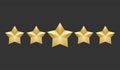 Gold five shape stars quality icon on a dark background. 5 gradient rating stars. EPS 10 vector rank illustration