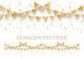 Gold flags and confetti horizontal seamless pattern with white background