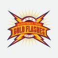 `Gold Flashes` sport team logo. Circle shield, letters and flashes or lightning.