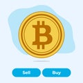 Gold flat coin virtual crypto currency bitcoin with two buttons Buy or sell. Banner template