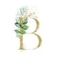 Gold Floral Alphabet - letter B with botanic branch bouquet composition. Unique collection for wedding invites decoration & other