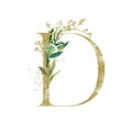 Gold Floral Alphabet - letter D with botanic branch bouquet composition. Unique collection for wedding invites decoration & other