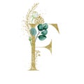 Gold Floral Alphabet - letter F with botanic branch bouquet composition. Unique collection for wedding invites decoration & other