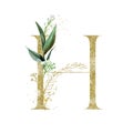 Gold Floral Alphabet - letter H with botanic branch bouquet composition. Unique collection for wedding invites decoration & other