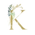 Gold Floral Alphabet - letter K with botanic branch bouquet composition. Unique collection for wedding invites decoration & other