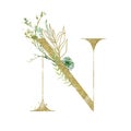 Gold Floral Alphabet - letter N with botanic branch bouquet composition. Unique collection for wedding invites decoration & other
