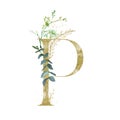 Gold Floral Alphabet - letter P with botanic branch bouquet composition. Unique collection for wedding invites decoration & other