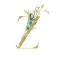 Gold Floral Alphabet - letter Z with botanic branch bouquet composition. Unique collection for wedding invites decoration & other