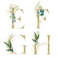 Gold Floral Alphabet Set - letters E, F, G, H with green botanic branch bouquet composition. Unique collection for wedding invites