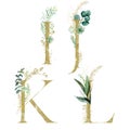 Gold Floral Alphabet Set - letters I, J, K, L with green botanic branch bouquet composition. Unique collection for wedding invites Royalty Free Stock Photo