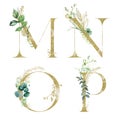 Gold Floral Alphabet Set - letters M, N, O, P with green botanic branch bouquet composition. Unique collection for wedding invites Royalty Free Stock Photo