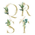 Gold Floral Alphabet Set - letters Q, R, S, T with green botanic branch bouquet composition. Unique collection for wedding invites