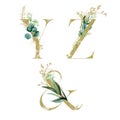 Gold Floral Alphabet Set - letters Y, Z, & ampersand with green botanic branch bouquet composition. Unique collection for wedding