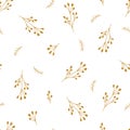 Gold floral Chrisrmas pattern. Gold berry background. Golden textured print fir branches, winter berries. Winter holiday