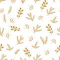 Gold floral Chrisrmas pattern. Gold fir branches berry background. Golden winter forest texture. Winter holiday seamless