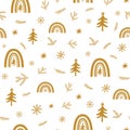 Gold floral Chrisrmas pattern. Gold forest, Christmas rainbow, tree background. Golden winter forest texture