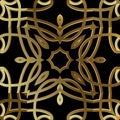 Gold floral 3d calligraphic line art seamless pattern. Black ornamental swirls vector background. Repeat backdrop