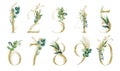 Gold Floral Number Set - digits 1, 2, 3, 4, 5, 6, 7, 8, 9, 0 with green botanic branch bouquet composition. Unique collection for