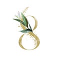 Gold Floral Numbers - digit 8 with green botanic branch bouquet composition. Unique collection for wedding invites decoration, Royalty Free Stock Photo