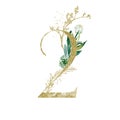 Gold Floral Numbers - digit 2 with green botanic branch bouquet composition. Unique collection for wedding invites decoration, Royalty Free Stock Photo