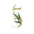 Gold Floral Numbers - digit 5 with green botanic branch bouquet composition. Unique collection for wedding invites decoration, Royalty Free Stock Photo