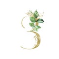 Gold Floral Numbers - digit 3 with green botanic branch bouquet composition. Unique collection for wedding invites decoration, Royalty Free Stock Photo