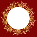 Gold floral round frame. Vector. Isolated on red background, white frame for your text, invitation. Luxury design leafs