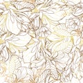 Gold flowers pattern. Seamless pattern with golden magnolia flowers. White background. Vector graphics. Royalty Free Stock Photo