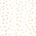 Gold foil abstract doodle shapes seamless vector background. Shiny metallic golden triangles, twirls, squares, dots on white. Royalty Free Stock Photo