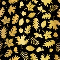 Gold foil autumn leaf silhouettes seamless vector background. Golden shiny abstract fall leaves shapes on black background. Royalty Free Stock Photo