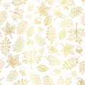 Gold foil autumn leaves seamless vector background. Golden abstract fall leaf shapes on white background. Elegant, luxurious