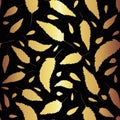 Gold foil autumn leaves vector background. Seamless pattern with hints of shiny bronze on black background creating a