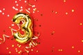 Gold foil balloon number and digit three 3. Birthday greeting card. Anniversary celebration event. Banner. Copy space