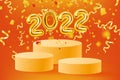 2022 Gold foil balloons numbers, orange stage, podium. 3D realistic scene golden balloon, pedestal, falling confetti