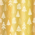 Gold foil Christmas tree seamless vector pattern backdrop. White doodle trees on metallic shiny golden background. Elegant design Royalty Free Stock Photo