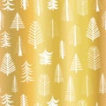 Gold foil christmas tree seamless vector pattern backdrop. White doodle trees on metallic shiny golden background. Elegant design Royalty Free Stock Photo