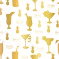 Gold foil cocktail glass seamless vector pattern. Golden alcohol drinking glasses on white background with Cheers lettering and Royalty Free Stock Photo