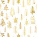 Gold foil doodle Christmas trees seamless vector pattern backdrop. Metallic shiny golden trees on white background. Elegant design Royalty Free Stock Photo