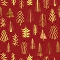 Gold foil doodle Christmas trees seamless vector pattern backdrop. Metallic shiny golden trees on red background. Elegant design Royalty Free Stock Photo