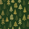 Gold foil doodle Christmas trees seamless vector pattern backdrop. Metallic shiny golden trees on green background. Elegant design Royalty Free Stock Photo