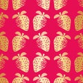 Gold foil effect strawberry seamless vector pattern background. Stencilled berries warm pink backdrop with textured